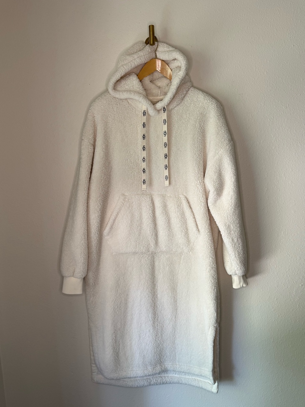 UGG Teddy Fleece Hooded Sweatshirt Dress Cream Oversized Cozy Pullover